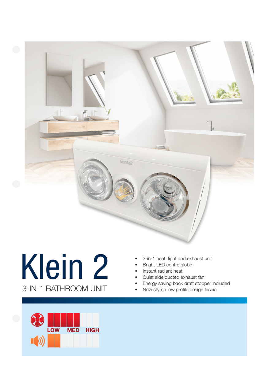 KLEIN2 - 2 LIGHT, 3 IN 1 BATHROOM HEAT EXHAUST - Rapid LED
